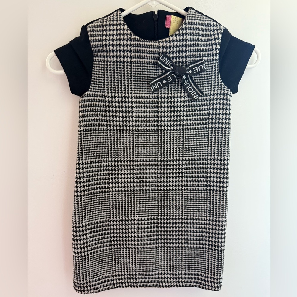 Chic Houndstooth Kids Formal Dress with Bow Accent - size 5T-6T